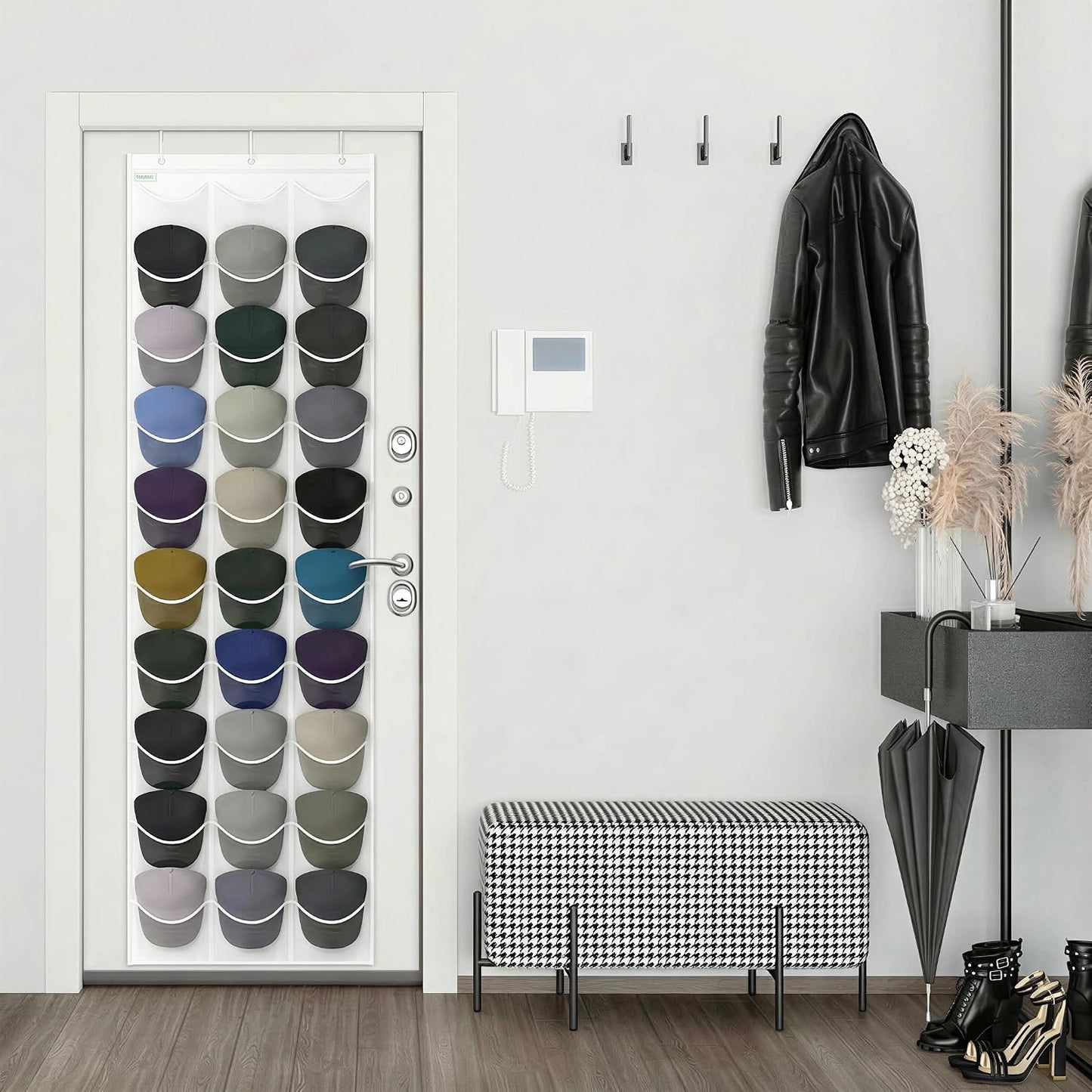 Baseball Hat Rack, 24 Pocket Over-The-Door Hat Organizer with Clear Deep Pockets to Display Baseball Caps Collection, Complete with 3 Over Door Hooks (Black, 24 Pockets)