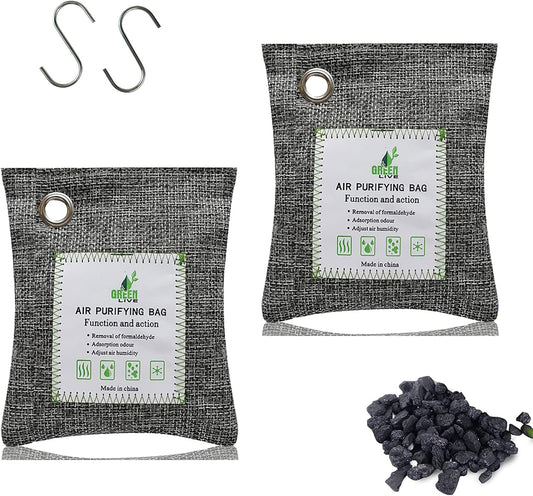 Bamboo Charcoal Bags Odor Absorber, 2 Packs 100g Charcoal Deodorizer Bags with Hooks, Nature Bamboo Charcoals Air Purifying Bags Activated Charcoals Odor Absorbers for Home Cars Pet Closet Bathroom