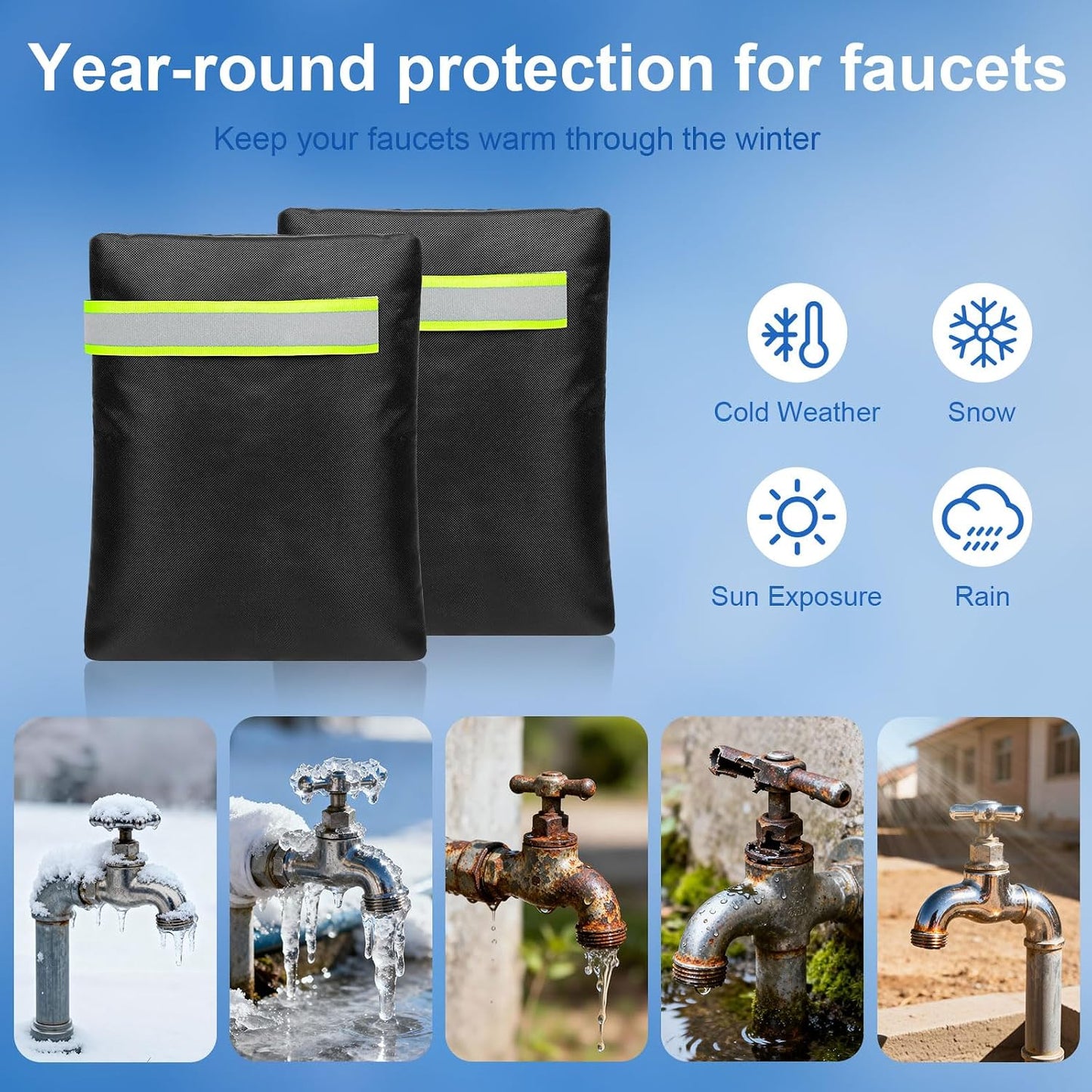 2Pack Outdoor Faucet Covers for Winter, 6.7" W x 8.3" H Hose Bib Covers | Reusable Insulated Spigot Cover for Freeze Protection, Waterproof and with Reflective Strips