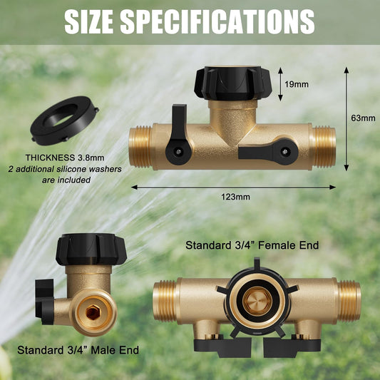YANWOO Garden Hose Splitter, Heavy Duty Metal 180 Degree T Type with Shut-Off Valves, 3/4" High Flow Spigot Faucet Connectors with 2 Extra Silicone Washers