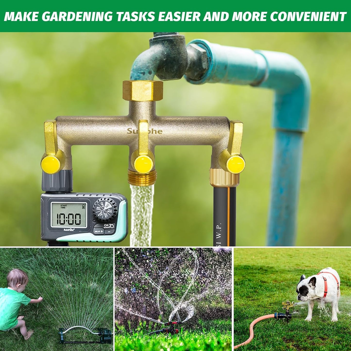 Garden Hose Splitter, Water Hose Splitter 2 Way Heavy Duty Brass Nickel Plated, Extended Metal Handle 3/4-Inch Hose Manifold, Rust and Freeze Resistant High Flow Outdoor Faucet Splitter
