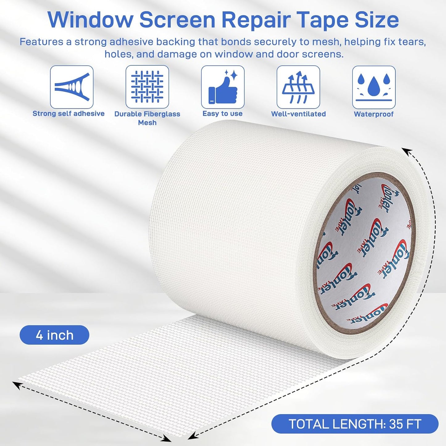 Window Screen Repair Tape 2 in x 40 FT Fiberglass Strong Adhesive Screen Patch, Waterproof Mesh Repair Kit for Window & Door Screen Holes Tears - Gray