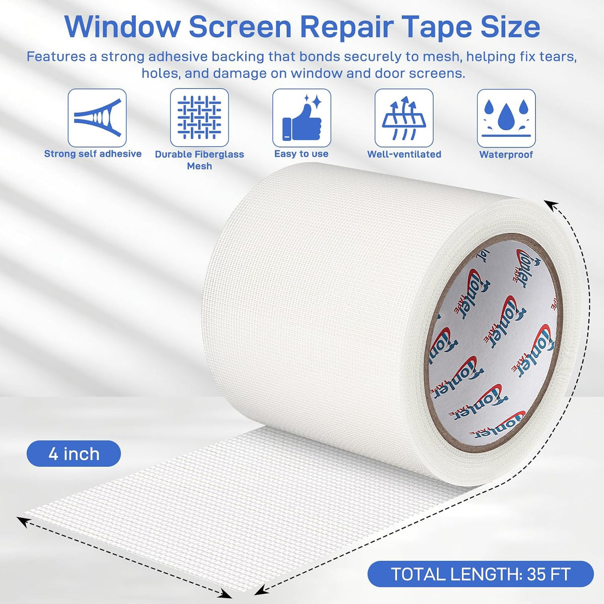 Window Screen Repair Tape 2 in x 40 FT Fiberglass Strong Adhesive Screen Patch, Waterproof Mesh Repair Kit for Window & Door Screen Holes Tears - Black