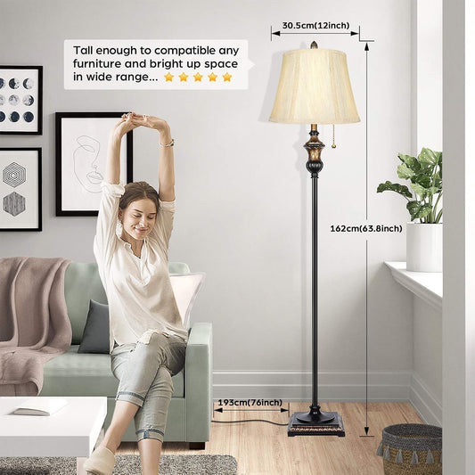 TOBUSA Traditional Floor Lamp, Classic Standing Lamp with Bronze Fabric Shade, Vintage Elegant Tall Pole Lamp for Living Room Bedroom Office Reading, Rustic Upright Floor Lights, Pull Chain Switch