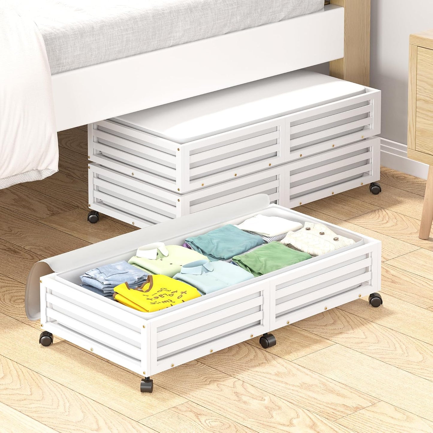 Wisuce 2 Packs Bamboo Under Bed Storage Organizer with Wheels White Small | 360° Lockable Wheels,120lbs Load Capacity, Multi-scene ,Dustproof Clear Storage Bag, Large Capacity,Easy Quick Assembly