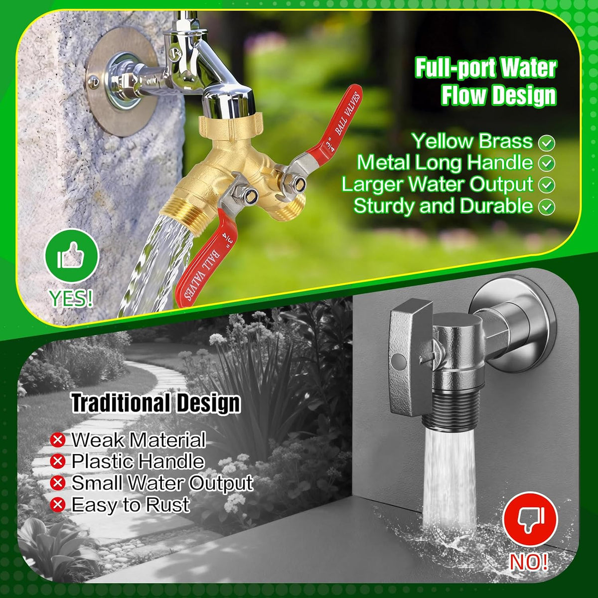 Brass Garden Hose Splitter 2 Way Heavy Duty with Metal Extended Handle | Outdoor Duel Water Hose Splitter, Dual Outdoor Faucet Connector for Lawn, Irrigation & Washing, Dual Hose Adapter