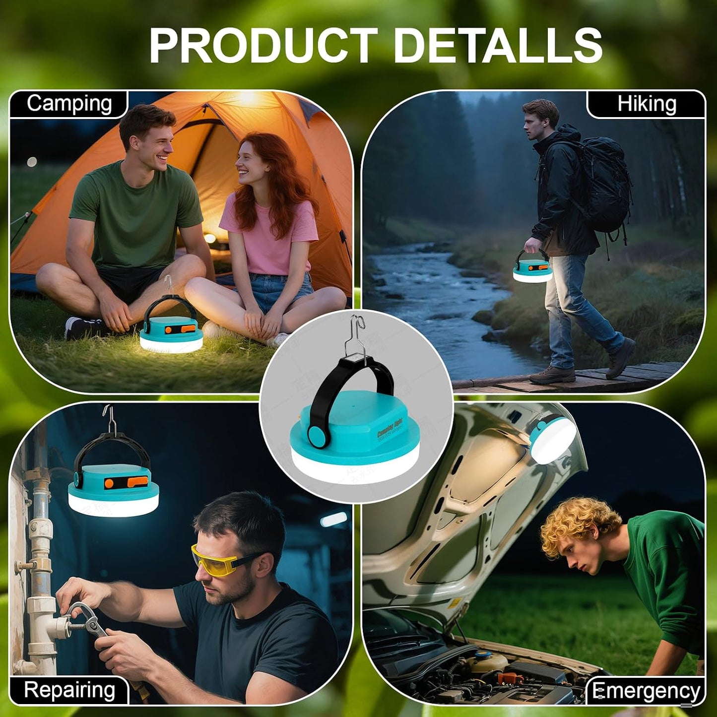 Camping Light Rechargeable, LED Camping Lantern for Power Outages, Waterproof Emergency Tent Light for Camping with Magnet Hook, Power Bank & Flashlight, 100W 6000mAh, Army Green