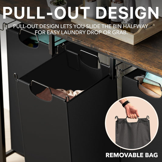 Simple Houseware 3-Section Laundry Sorter with Tabletop Shelf, 3 Pull-Out 10-Gallon Hampers, Metal Frame Laundry Organizer for Bedroom, Bathroom, Rustic Brown