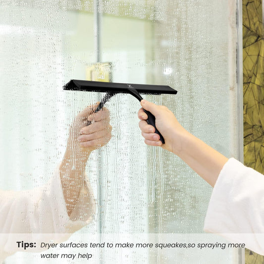 Shower Squeegee for Glass Doors, 11-Inch Silicone Squeegee with Non-Slip Handle and Adhesive Hook for Bathroom, Mirror, Tile, Car Window (Black)