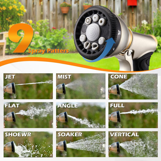 Garden Hose Nozzle,Heavy Duty Metal Hose Sprayer,High Pressure Rust Resistant Water Hose Nozzle with Lockable Trigger,9 Spray Patterns for Car Pet Washing, Plants & Lawns Watering,Outdoor Cleaning