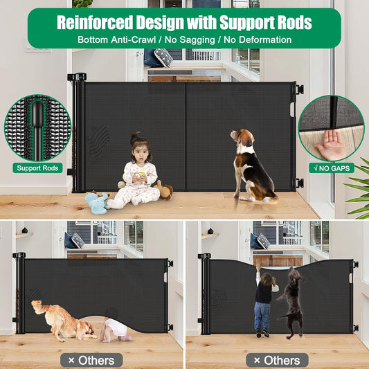 Reinforced 50" Wide Retractable Baby Gates for Doorways, Retractable Dog Gate for Stairs with Support Rods – Prevent Crawling Under, Outdoor Indoor Mesh Baby Gate Retractable Gates for Dogs, White