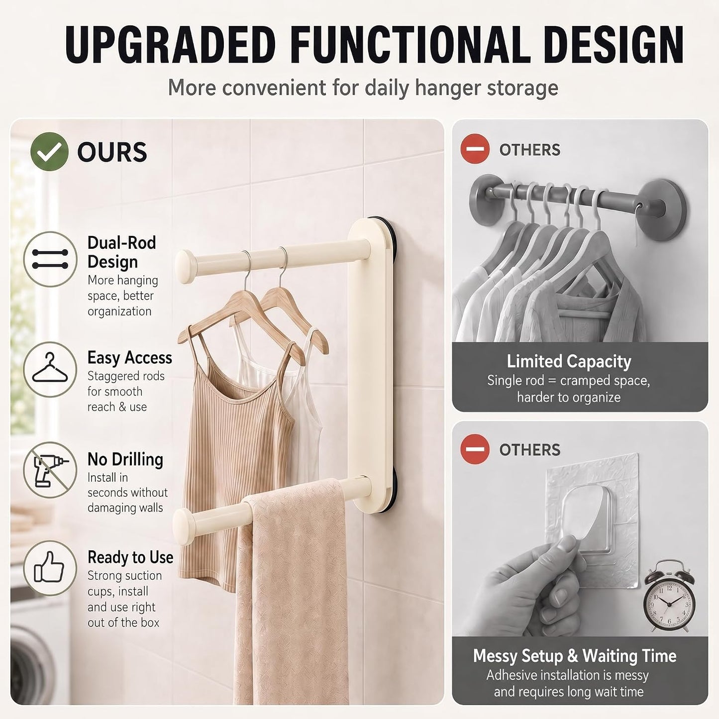 Foldable Clothes Rack No Drill - Heavy Duty Suction Cup Wall Mounted Drying Rack for Laundry, Space Saving Adhesive Hanger for Apartment, Bathroom (Holds 5.5lbs) (Milky White)