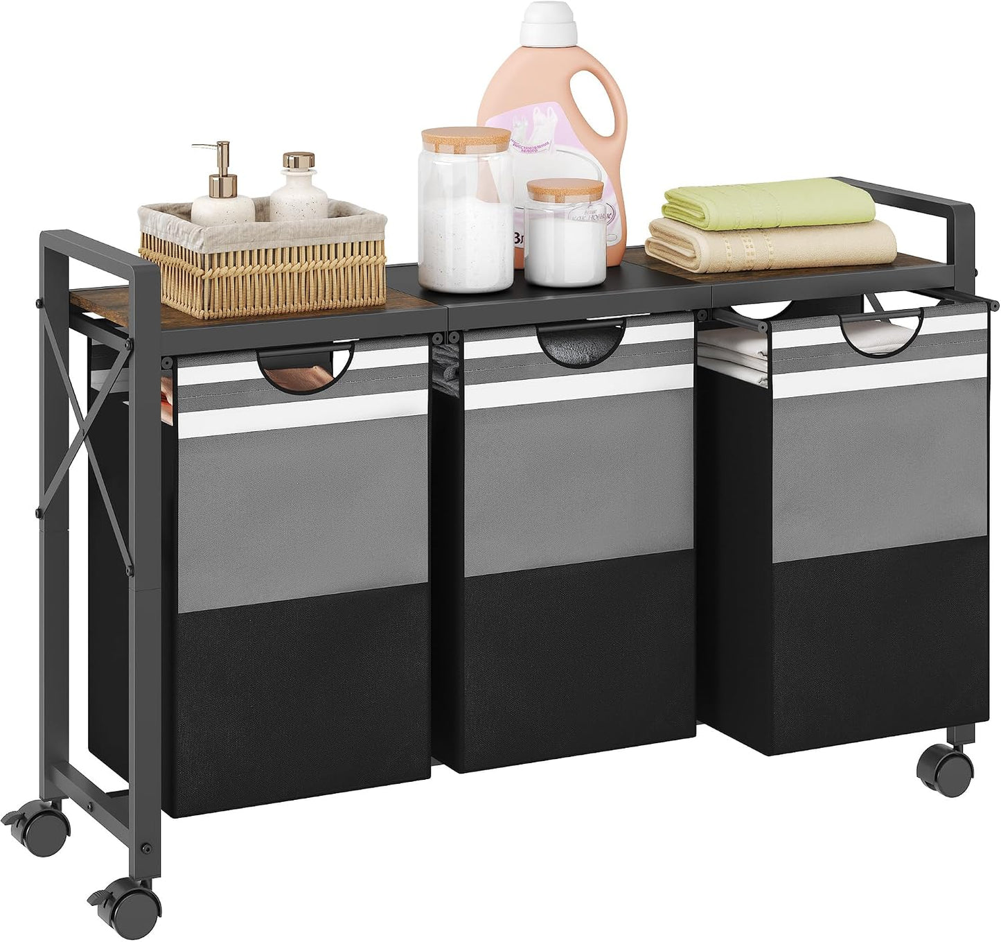 FAVOOSTY Laundry Sorter with Shelf,Laundry Basket Organizer,Laundry Hamper with Shelf, 3 ×11 Gal(50L)3 Section Laundry Sorter with Pull-Out Removable Oxford Fabric Bags and Movable Wheels Grey Black