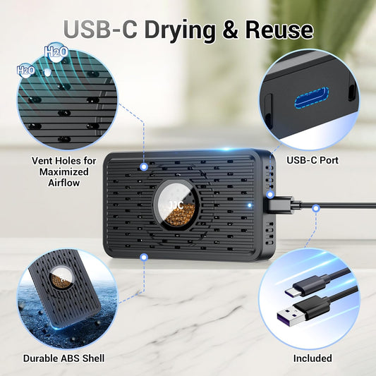 Rechargeable Desiccant Dehumidifier for Storage with USB-C Cable,Reusable Portable Moisture Absorber Dryer Silica Gel Beads for Gun Safe Camera Lens Filter Electronics 3d Printer Filaments Instrument