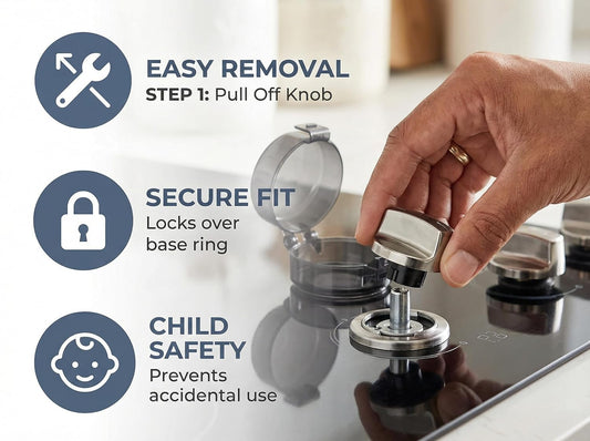 Stove Knob Covers for Child Safety, Black Gas Range Protectors for Baby Proofing Heat Resistant Oven Guard Locks Fits Button Under 2.4" Diameter Secure Under-Knob Anchor Fit Plastic Heat Resistant 5Pc
