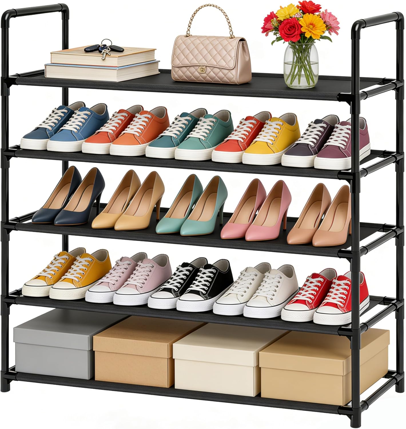 5 Tier Tall Shoe Rack Large Capacity, 34.5" Wide Entryway Shoe Organizer, Stackable Metal Frame Waterproof Nonwoven Shelves, Holds 20-25 Pairs, Space Saving Storage for Closet Hallway Garage, Black
