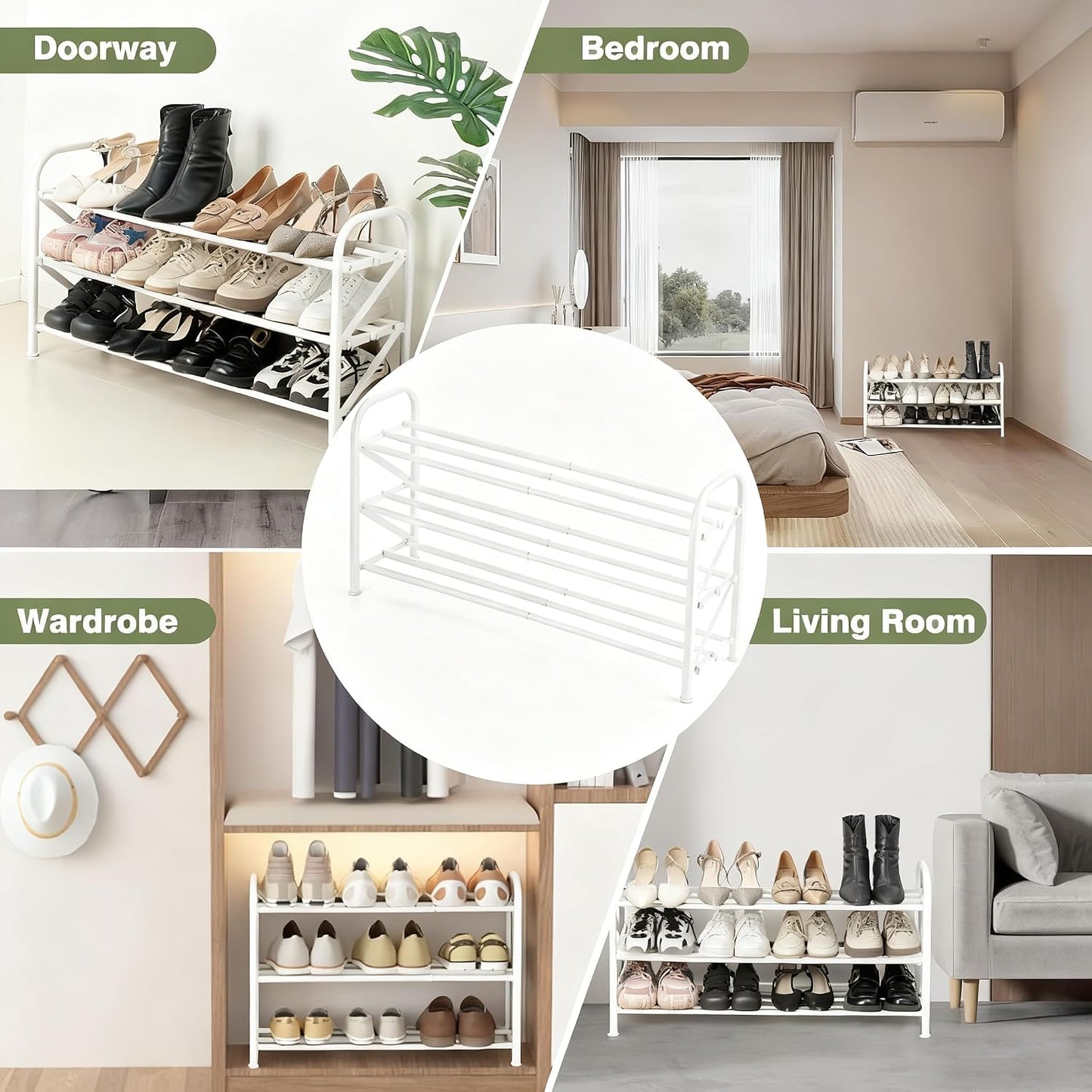 4-Tier Expandable Shoe Rack, Stackable and Adjustable Shoes Organizer Storage Shelf, Sturdy and Durable Metal Structure Free Standing Shoe Rack for Closet Entryway Doorway