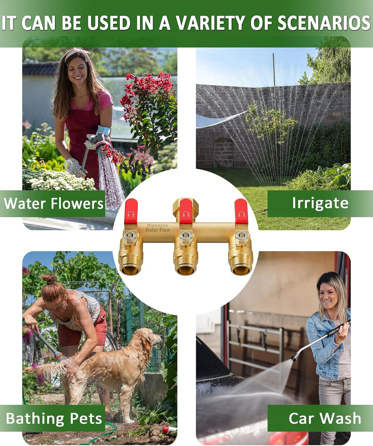 3 Way Hose Splitter, Heavy Duty Full Flow Garden Water Hose Bib Spigot Splitter, Brass Rust and Freeze Resistant Outdoor Faucet Splitter, T Adapter Connector with 3/4 - Inch GHT Thread (Green)