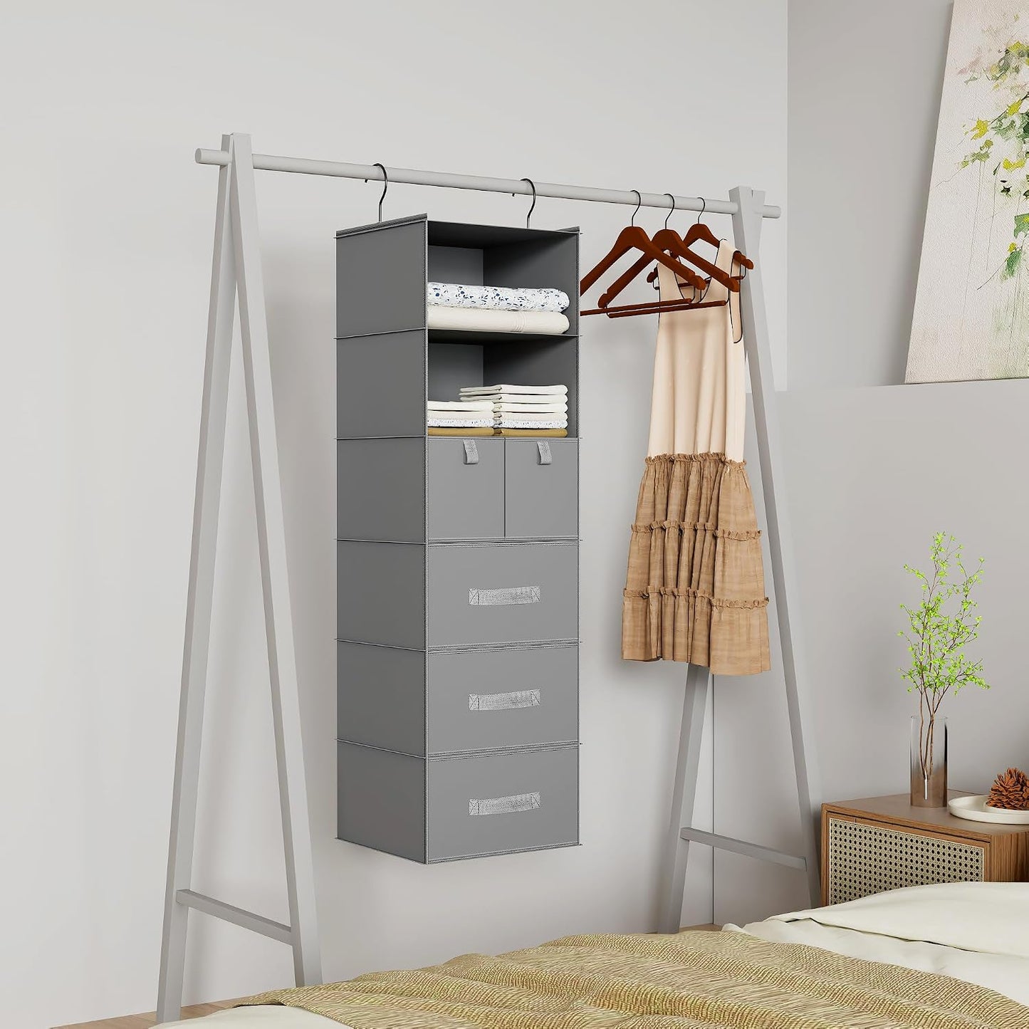6-Shelf Hanging Closet Organizer with 5 Drawers, Non-Woven Storage, Black | Spacious compartments sort clothes & undergarments; foldable drawers add hidden storage for closets, wardrobes or RVs.