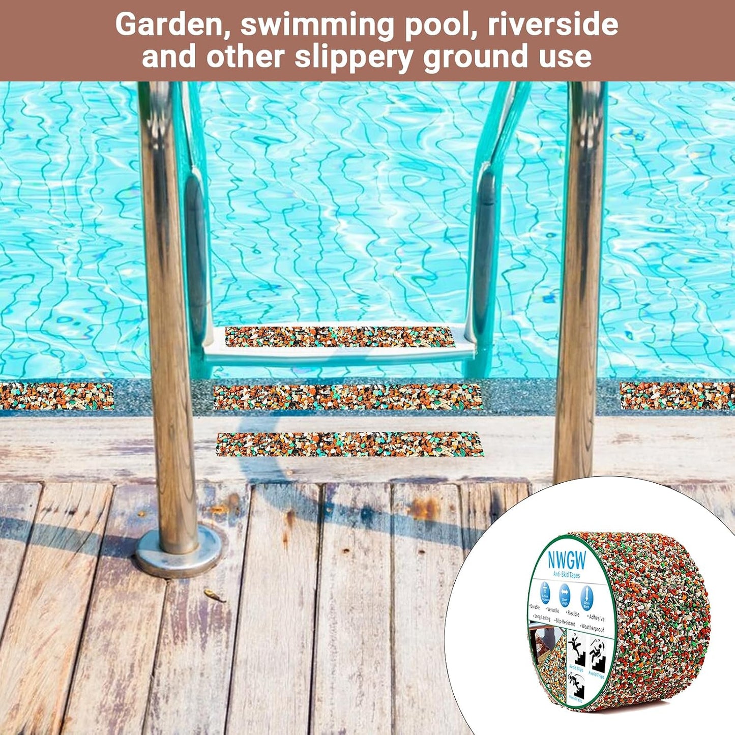 Waterproof Tape for Pools, 4" x15FT Heavy Duty Anti Slip Stair Treads Outdoor Tape Non-Slip Rubber Grip Tape Shower Strips Slip Resistant Tape Traction Tape for Stairs Showers Bathroom Trails