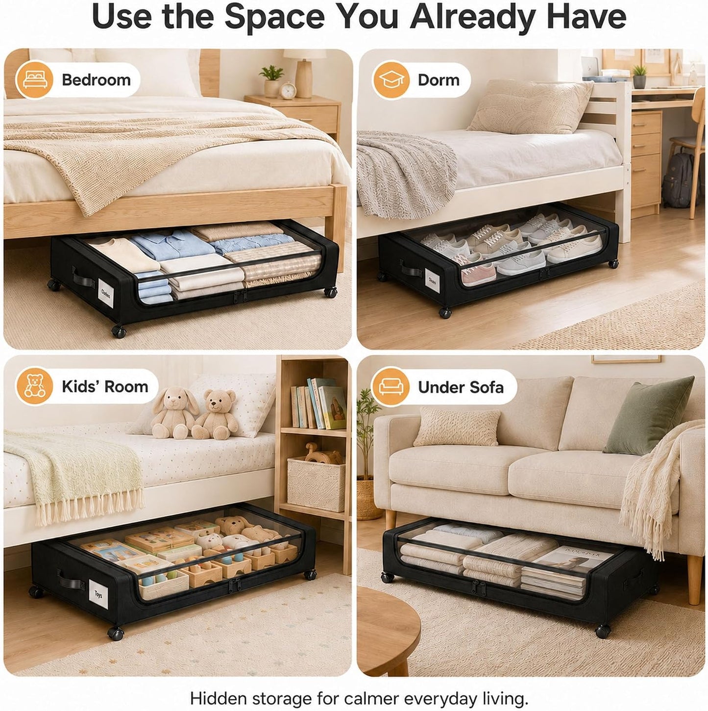 Camkey® Under Bed Storage with 360° Wheels, 2-Pack, 60L Low-Profile Rolling Underbed Bins for Clothes, Shoes, Toys & Books,Easy Pull-Out, Dust Protection, Space-Saving Organizer for Bedroom/Dorm,Black