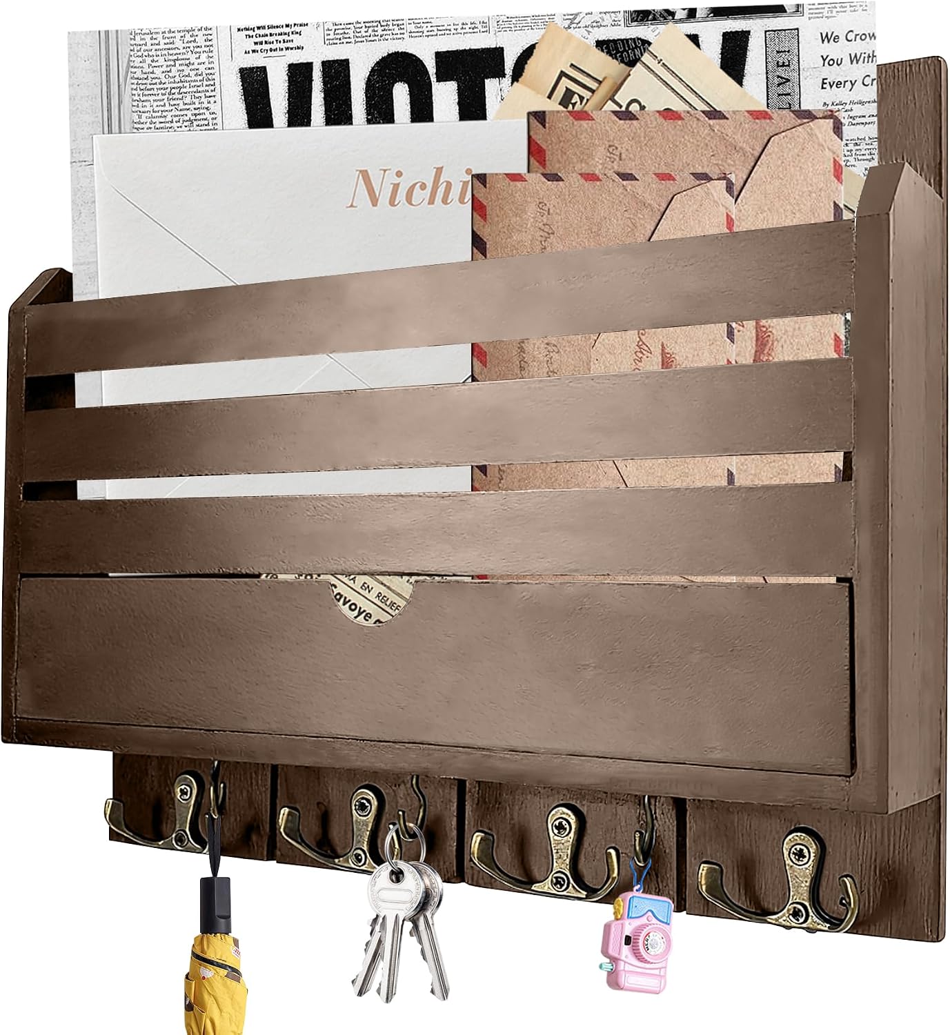 Brown Wall Key Rack Multi Hooks Entryway Storage Box | Entryway Wall Decor Key and Mail Rack, Functional Storage Solution for Bedroom, Office & Apartment