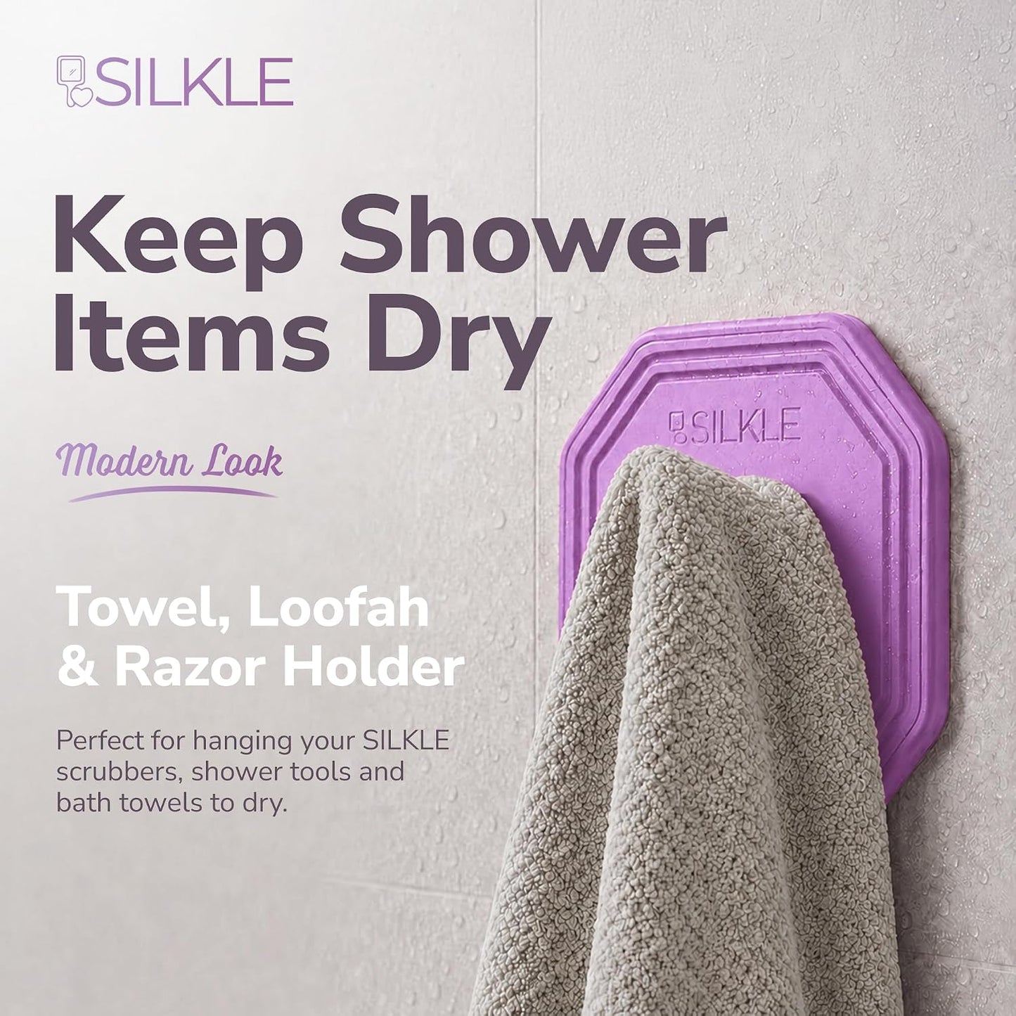 SILKLE Adhesive Silicone Shower Hooks - Adhesive Wall Hooks & Towel Holder for Bathroom, Tile, Glass, No-Drill, Waterproof & Rustproof, Heavy-Duty Stainless Steel, Damage-Free Removal - 2 Pack, Brown