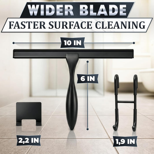 Shower Door Squeegee with Adhesive & Hanging Hooks, 12" Silicone Blade - Stainless Steel All-Purpose Squeegee for Shower Glass, Bathroom Mirror Cleaner Tool Suitable for Tile Walls - Multi-Surface Use