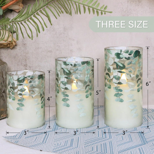 Green Glass Flameless Candles Remote Timer Eucalyptus Leaves Greenery Design Battery Operated Flicker Pillar Candle for Wedding Centerpiece Spring Easter Farmhouse Home Decoration, Set of 3