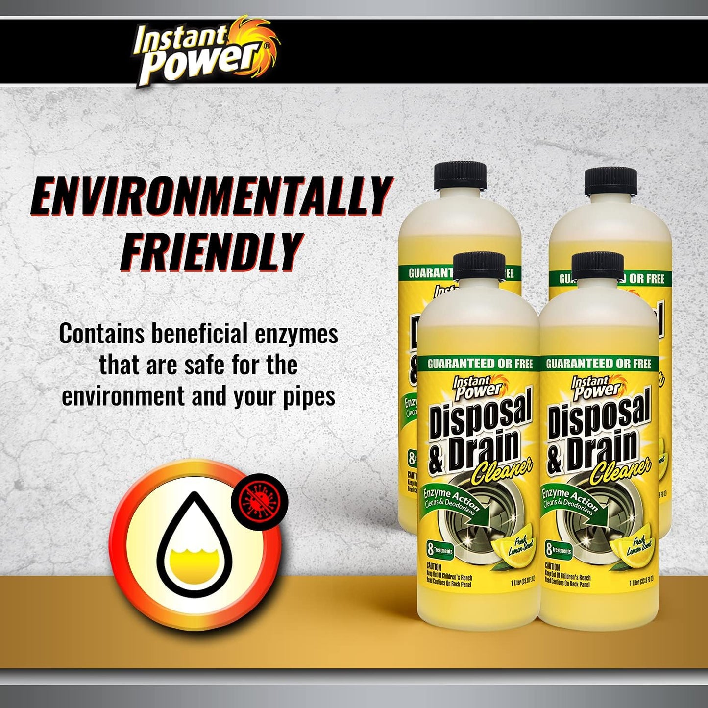 Instant Power Disposal and Drain Cleaner – Liquid Enzyme Clog Remover, Cleans and Deodorizes, Removes Drain Blockages, Fresh Lemon Scent, 33.8 Fl oz, 1 Liter