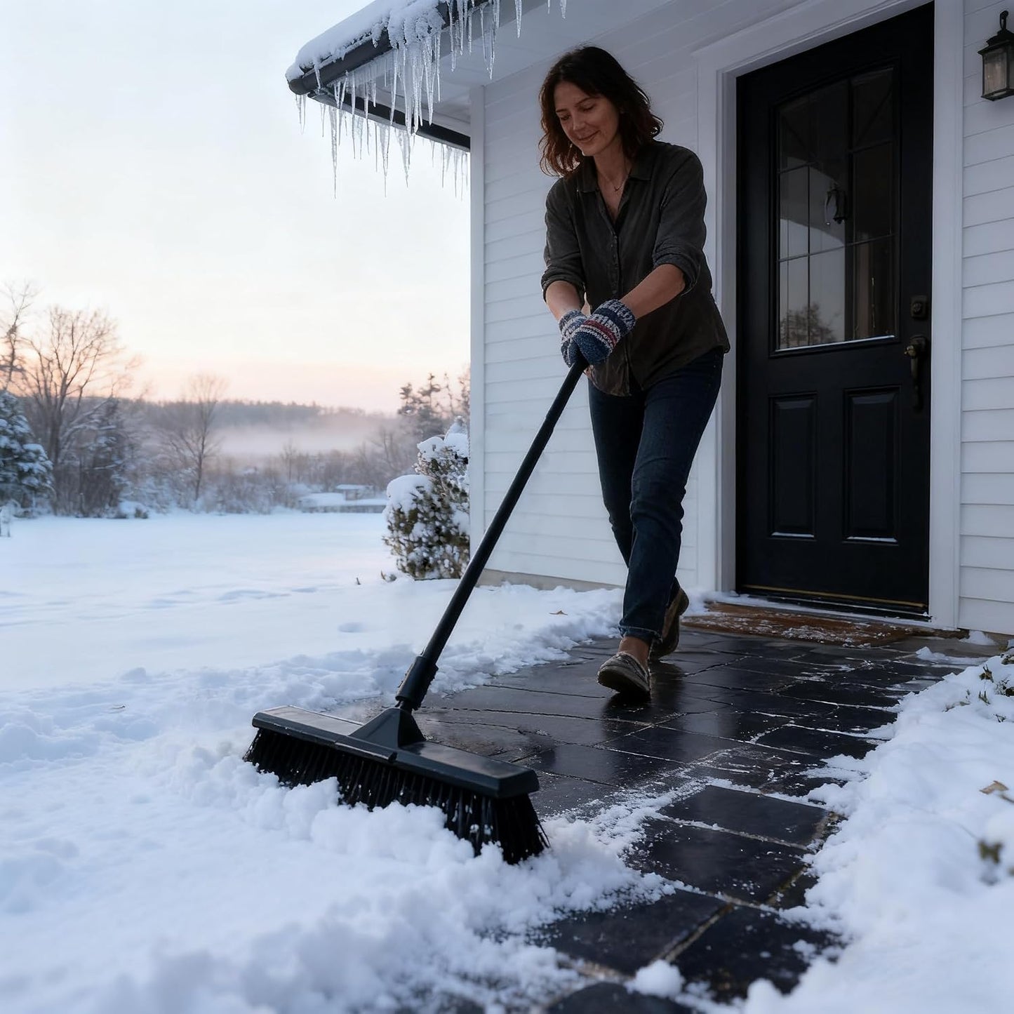 Eyliden 18" Push Broom for Deck Driveway Patio Garage, Black | Heavy-Duty Stiff Bristles Sweeper with 66" Adjustable Handle | Outdoor Concrete Sidewalk Yard Snow Cleaning Tool