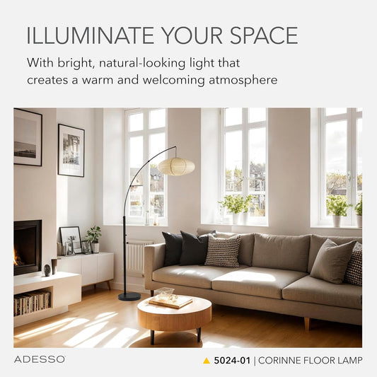 Adesso Arc Floor Lamp, 80” Tall Black Base, Oval Off-White Paper Shade – Convenient Overhead Lighting for Living Room, Nursery, Bedroom or Office