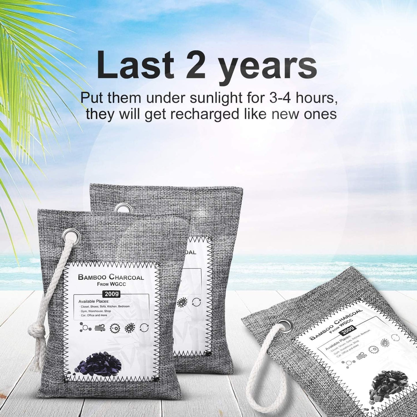 WGCC Bamboo Charcoal Air Purifying Bag 8 Pack, Activated Charcoal Bags Odor Absorber, Natural Car Air Freshener, Moisture Absorber for Closet, Shoe, Car, large Room, Pet Safe (4x75g, 4x200g)