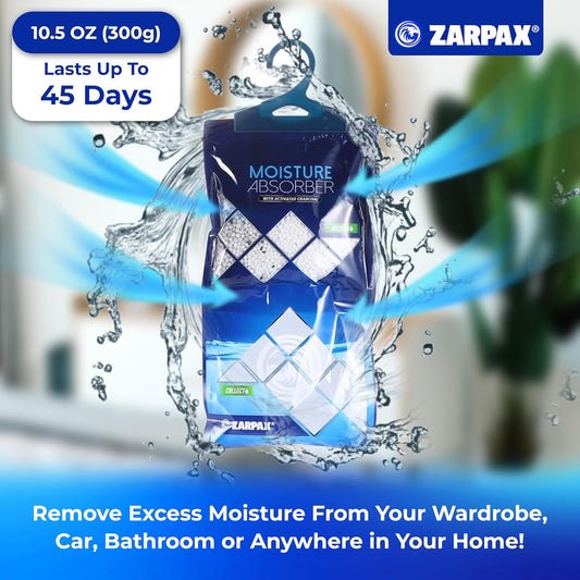 ZARPAX Hanging Moisture Absorber Fresh Cotton 10.6 oz/300g | Moisture Absorbing Bags for Bathroom, Closet, Kitchen & Vehicles | Removes Moisture, Humidity & Odors | Portable Dehumidifier | Set Of 10