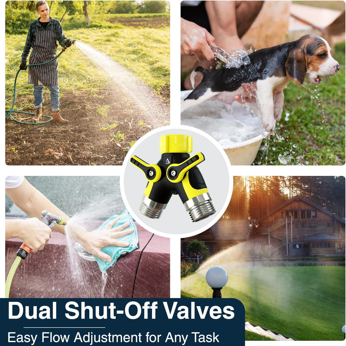 DBR Tech® Hose Splitter 2 Way, Heavy Duty Metal Connector, Two Way Garden Hose Splitter, High Flow Spigot Faucet Bib Adapter, Solid Double Y Shut Off Valve for Outdoor Gardening Hoses, Orange
