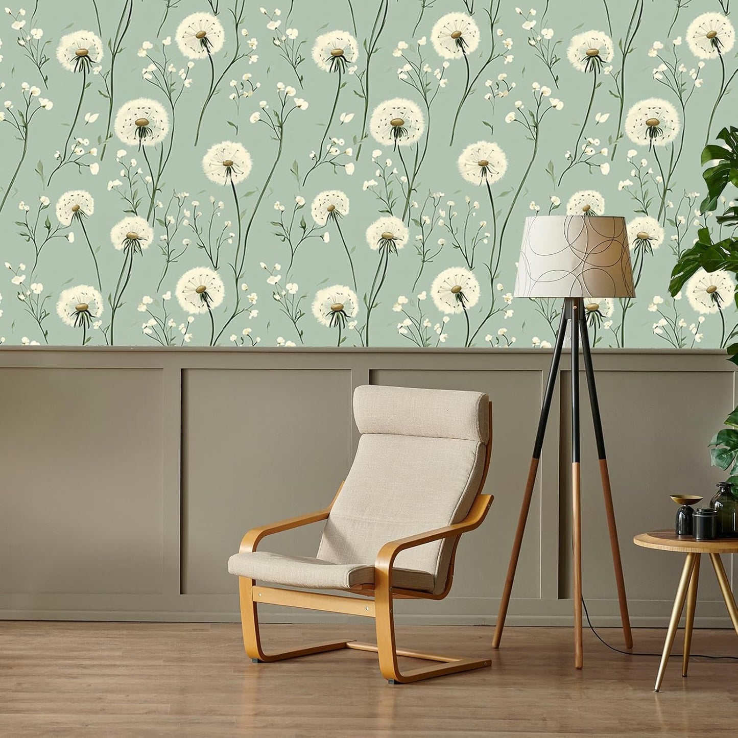 Dandelion Floral Peel and Stick Wallpaper Green Self Adhesive Removable Vinyl Wallpaper Botanical Floral Watercolor Boho Accent Wall for Bedroom Living Room Nursery 17.7" X 118"