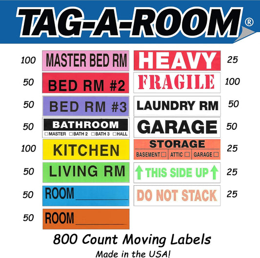 Tag-A-Room Moving Labels Color Coded (800 Count), 3-4 Bedroom Home Pack, Moving Supplies