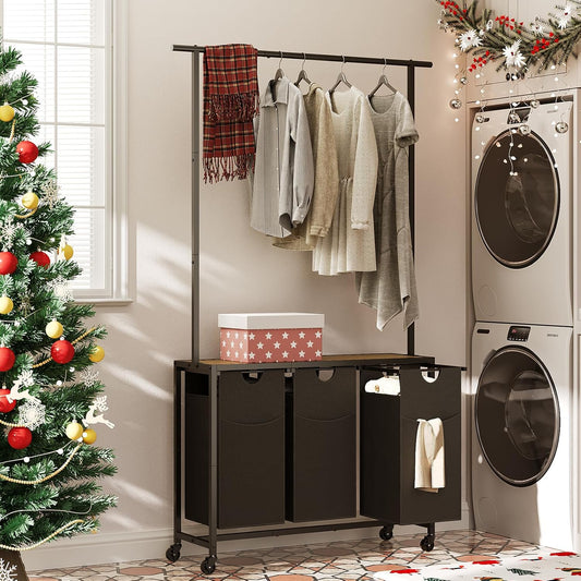 YATINEY Laundry Sorter 4 Section, Rolling Laundry Hamper with Hanging Rack, Laundry Sorter with Wheels, Hampers for Laundry, Laundry Basket Organizer for Laundry Room, Rustic Brown LS47BR
