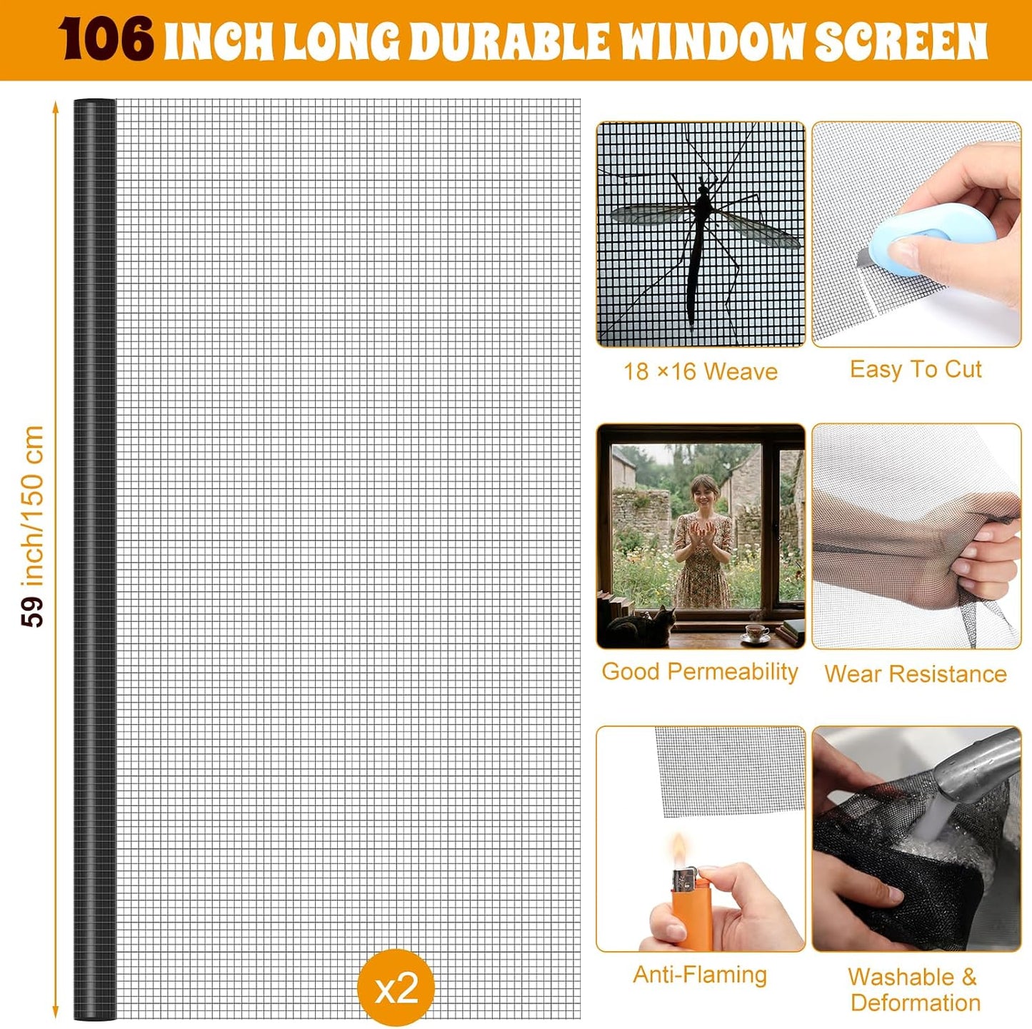 18 Pcs 48"x118" Window Screen Repair Kit Included 2 Rolls Fiberglass Mesh 4"x30ft Screen Repair Tape 8 Clips with Spline, Double Wheel Roller, Hook, Measuring Tape, and Cutter for Door Window