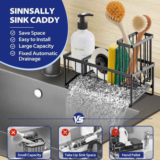Sinnsally Kitchen Sponge Holder,Sink Caddy Organizer with High Brush Holder,Stainless Steel Sink Box Dish Scrubber Holder,Soap Tray for Kitchen Counter Accessories & Storage Rack(2 Tier - Black)