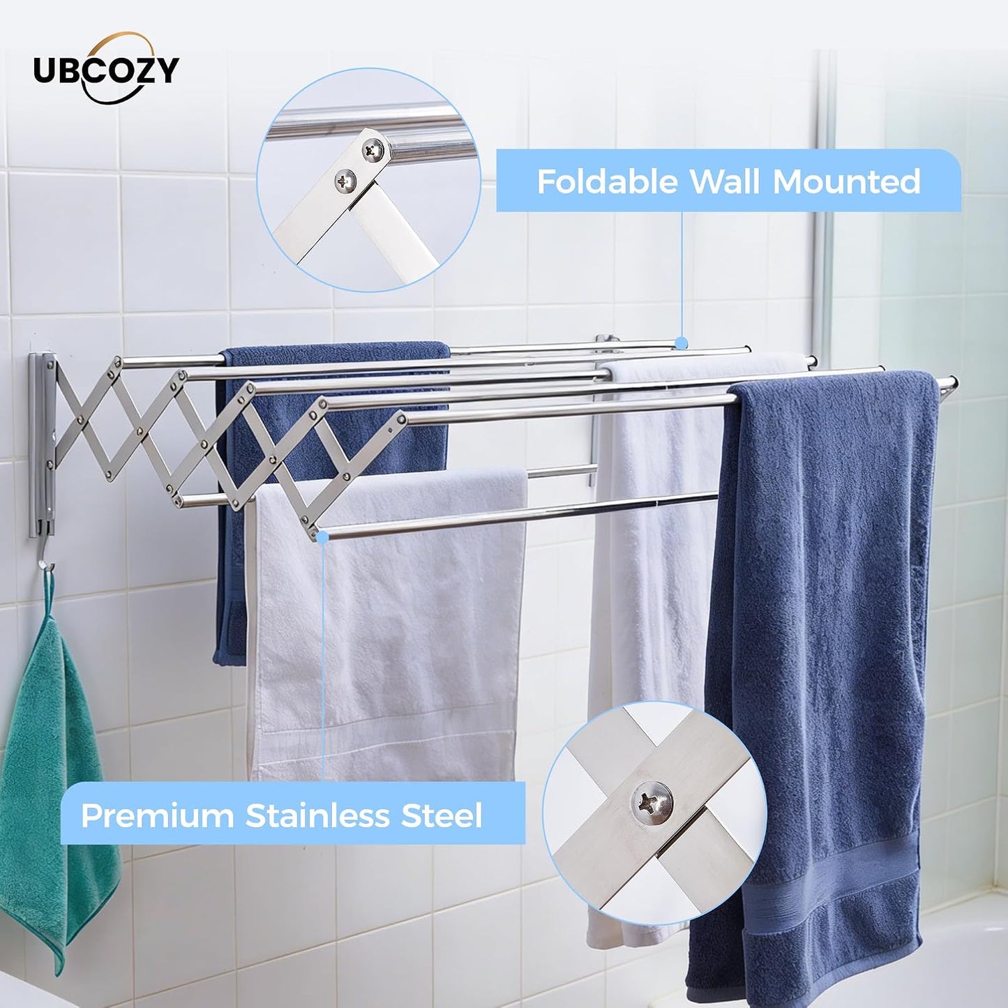 | Clothes Drying Rack Wall Mounted with Hooks - Foldable & Removable Laundry Drying Rack, Extendable 21"-39.4", 110lbs Heavy Duty Drying Rack with 7 Stainless Steel Rods for in & Out Door