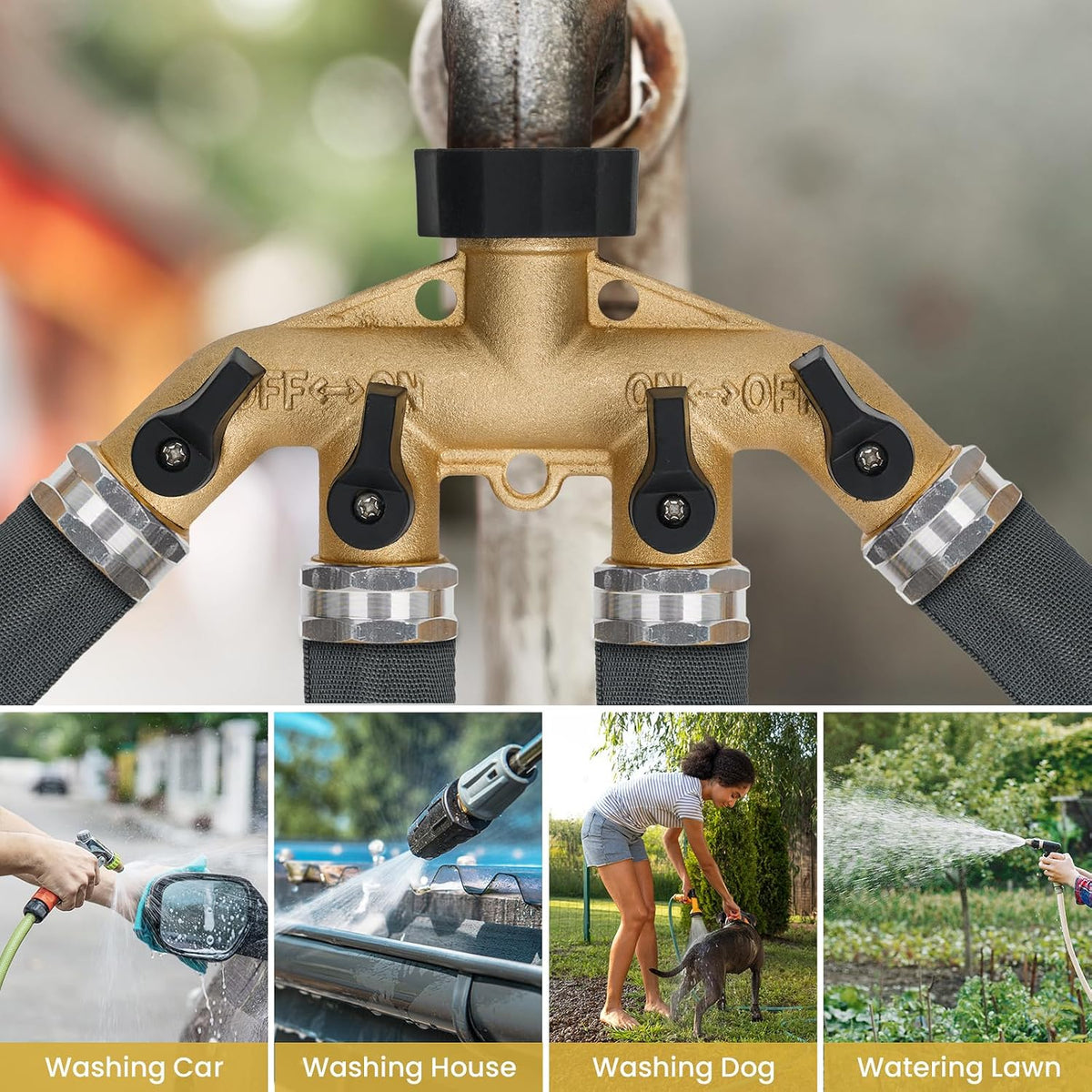 LINEX Garden Hose Splitter 2 Way 2 Pack Heavy Duty Brass, Outdoor Dual Y Valve Water Connector with Faucet and Spigot, Hose Split for Lawn, Garden, Car Wash