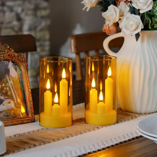 3 in 1 Flameless Taper Short Candles with 10 Key Remote Control and Timer, Battery Operated Pack of 2 LED Acrylic 3" x6" Grey Pillar Flickering Warm Light