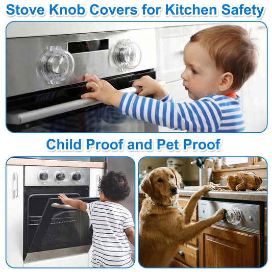 Stove Knob Covers for Child Safety – 5-Pack Heat-Resistant Oven Lock Knob Protectors with Heat Alert Stickers, Baby and Pets Proofing Stove Knob Guards for Gas & Electric Stoves