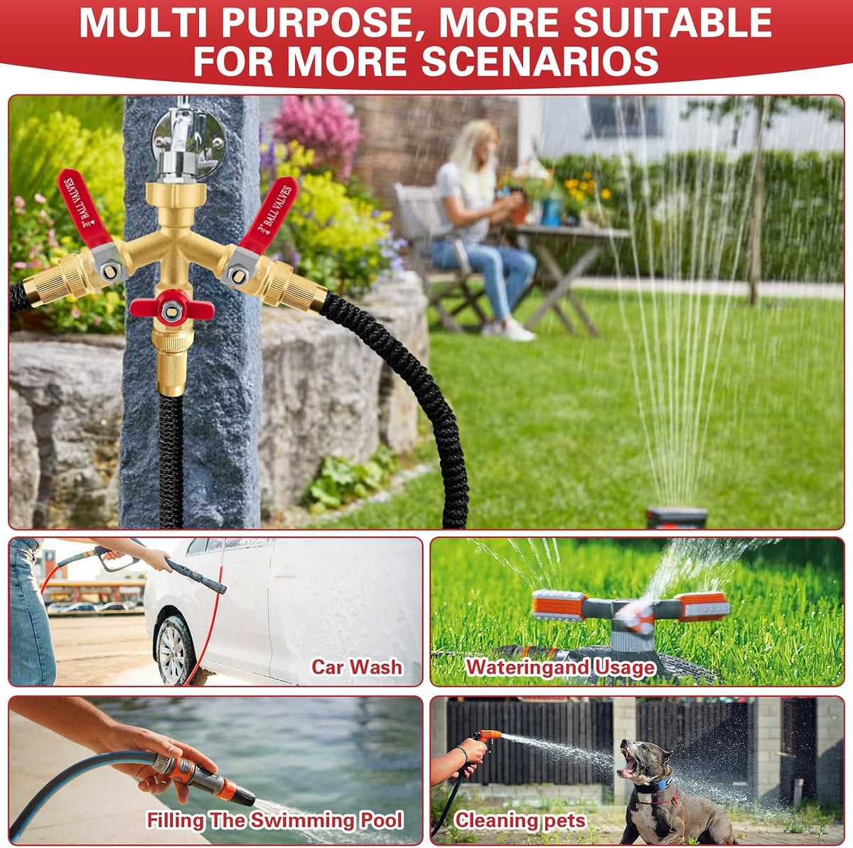 Garden Hose Splitter, 304 Stainless Steel 2 Way Hose Splitter with Long Handle, Heavy Duty Hose Y Spigot Splitter with Shutoff Valves, 3/4" GHT Thread Outdoor Faucet Splitter