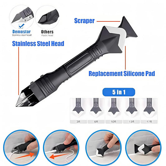 11Pcs Caulking Tools, 3 in 1 Silicone Caulking Finishing Tool Kit(Stainless Steelhead), Reuse and Replace 5 Silicone Pads, Sealant Caulk for Kitchen Bathroom Window, Sink Joint