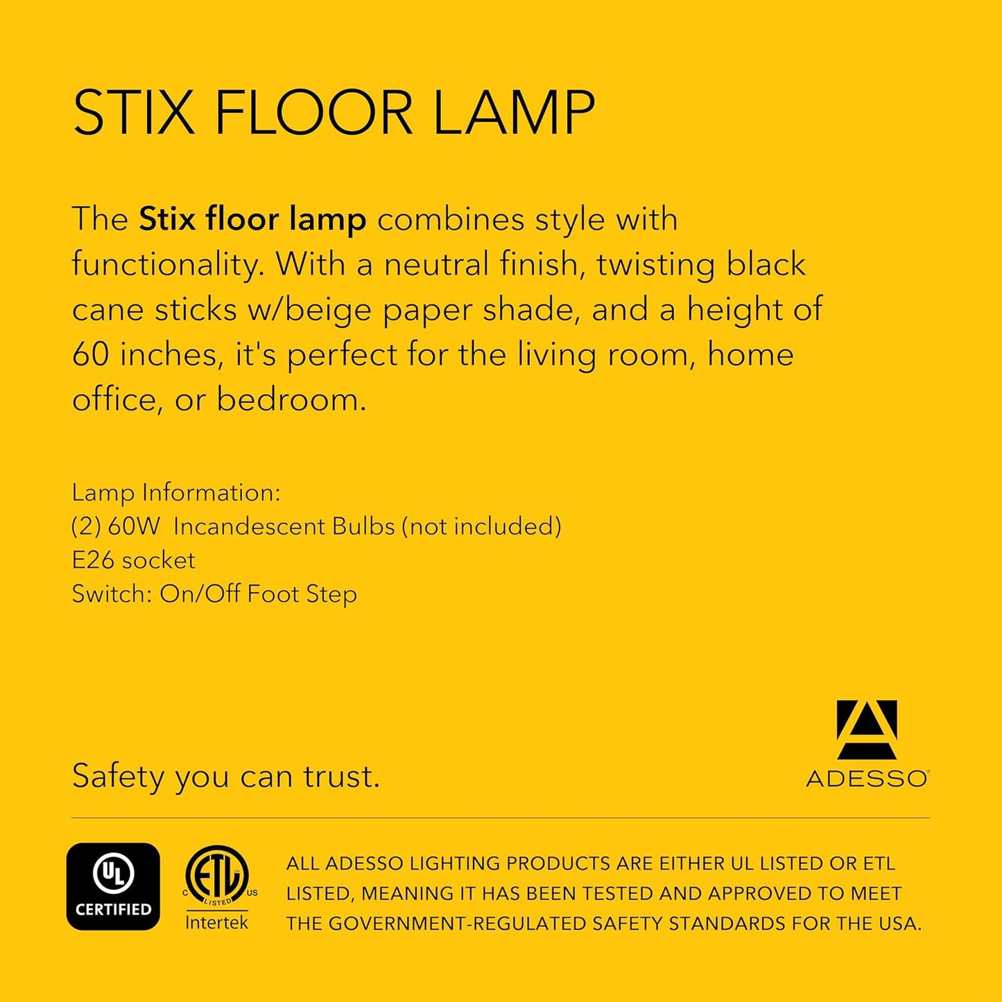 Adesso Stix Floor Lantern – Twisted Square Black and Beige Base, Transitional Two Light Floor Lamp for Bedroom, Home Office Lighting, or Living Room Décor, 50” x 9.5”