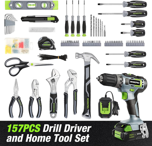 WORKPRO Home Tool Set with 20V Cordless Lithium-Ion Drill Driver, Household Repairing Tool Kit with Drill, 157PCS Power Drill Sets, 14-Inch Wide Mouth Storage Tool Bag, Green