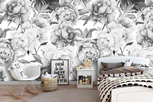 Removable Peel 'n Stick Wallpaper, Self-Adhesive Wall Mural, Watercolor Floral Pattern, Nursery Decor, Custom Color • Peonies Grey 'n White (Sample 12" W x 8" H)