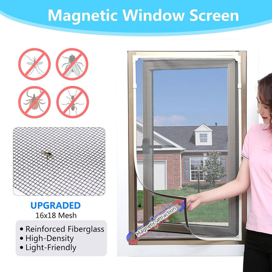 Magnetic Window Screen DIY Adjustable Window Mesh Screen Replacement Window Net Fits up to 32"x 23" White Frames with Fiberglass Mesh
